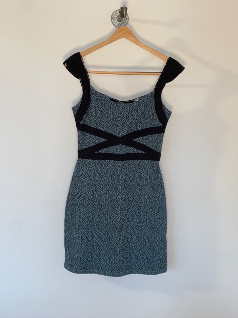 Free People Blue & Black Bodycon Mini Dress Criss-Cross Waist | Size S